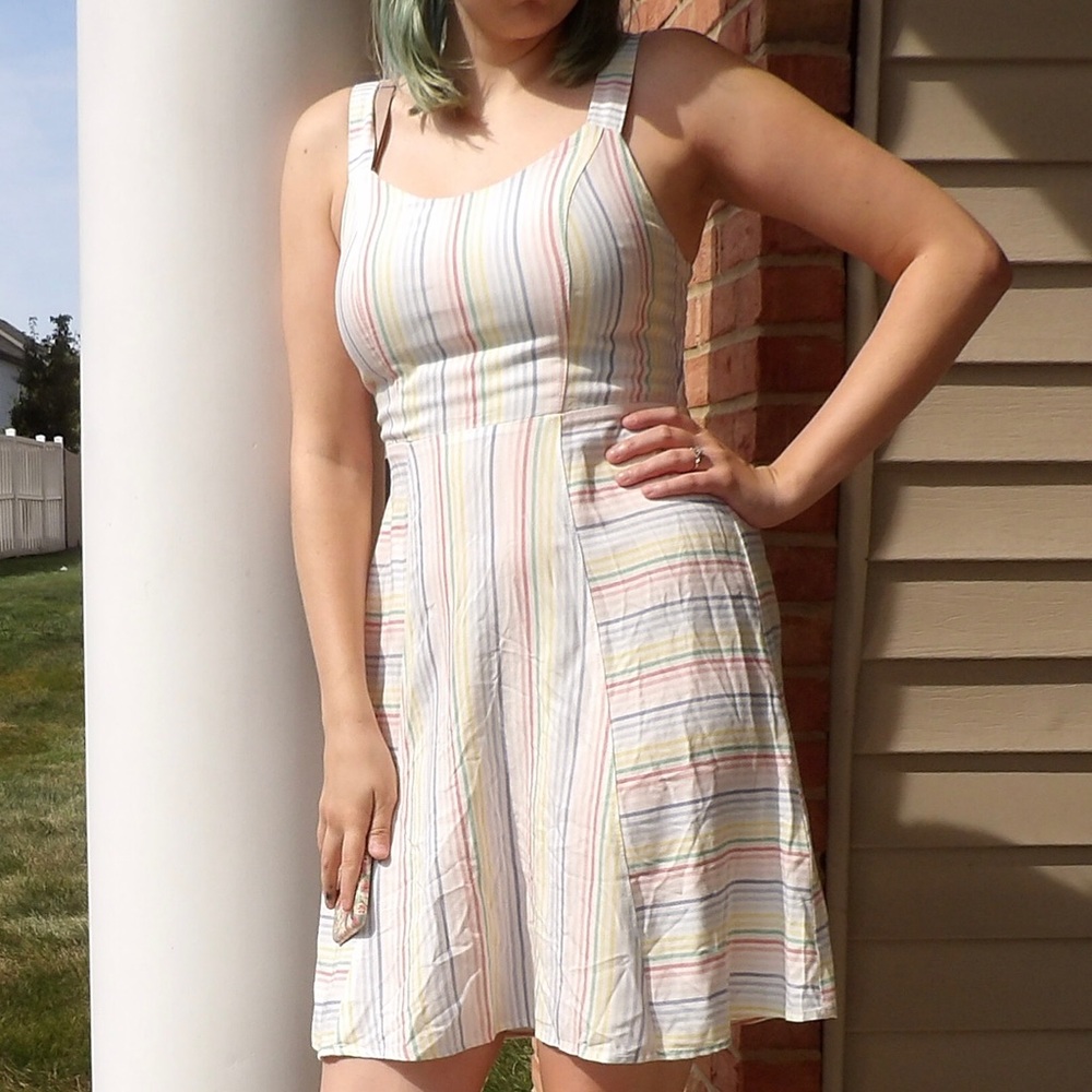 So rainbow striped white mini dress size small